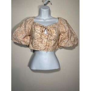 Japna Crop Top Medium Tan Floral Puff Sleeve Tie Front Cottagecore Boho‎ Blouse